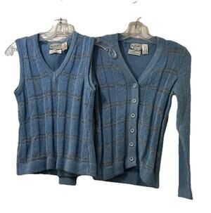 Vintage 70s 80s Blue Mohair Silver Metallic Sweater Set Size M Cardigan *Flaws*
